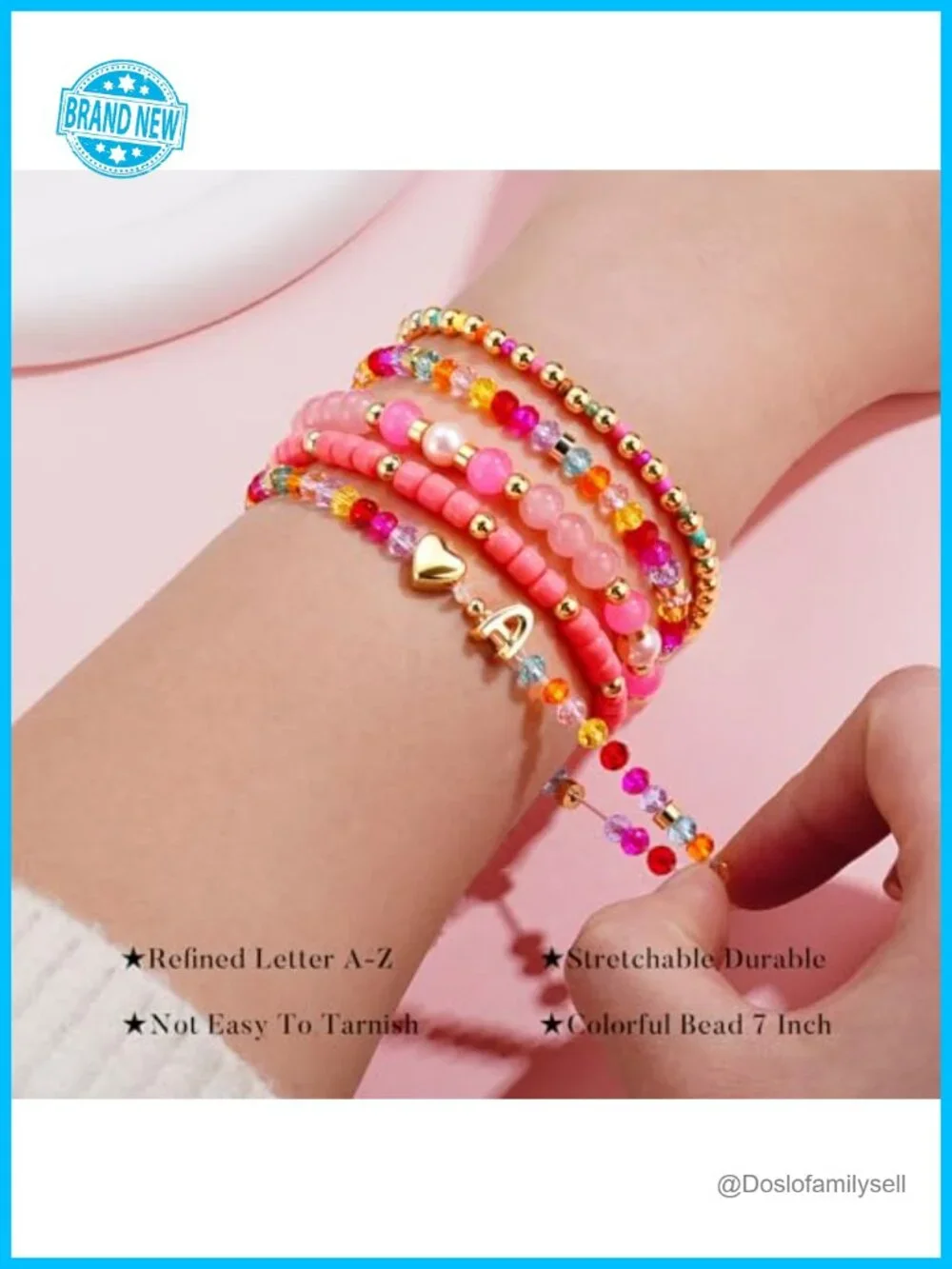 5PCS 14K Gold Plated Initial Charm Stretch Colorful Beaded Bracelet Set